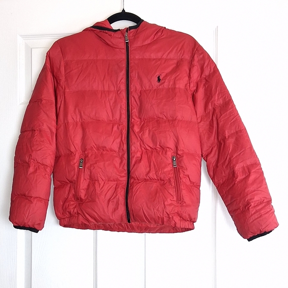 Polo Ralph Lauren Red Hooded Duck Down Logo Full Zip Puffer Jacket